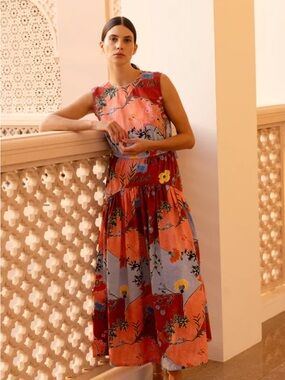 Oliphant Floral Patchwork Orange & Red Dress